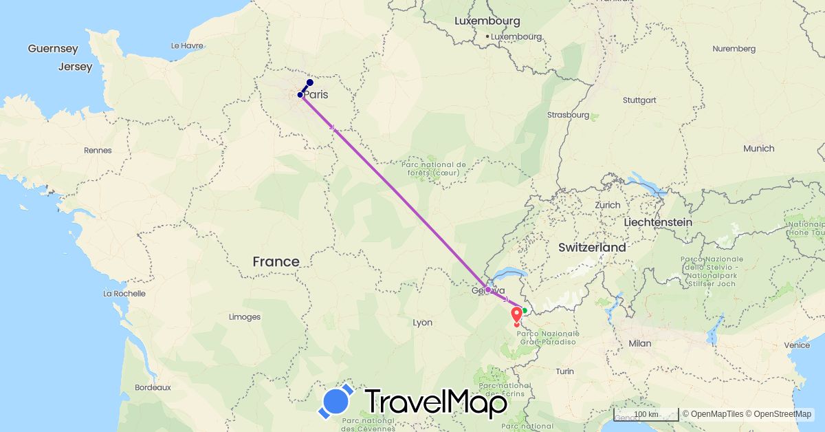 TravelMap itinerary: driving, bus, train, hiking in Switzerland, France (Europe)